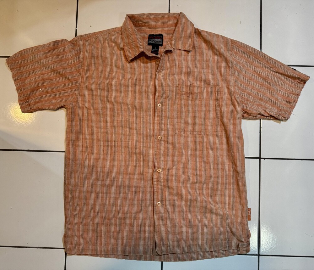 Vintage FUBU Shirt Mens Large Orange Striped Short Sleeve Button Up Lightweight